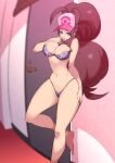  1girl alluring big_breasts blue_eyes bra breasts brown_hair curvy_figure eye_contact female female_human female_only hat high_resolution hilda hilda_(pokemon) human lingerie long_hair looking_at_viewer nac000 nintendo pokemon pokemon_bw solo_female standing thick_thighs thighs thong touko_(pokemon) 