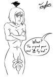 1girl abs angry avatar:_the_last_airbender breasts cleavage cover_up covering_breasts fig_leaf funny human korra monochrome muscle nude the_legend_of_korra
