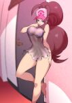 1girl alluring big_breasts blue_eyes breasts brown_hair curvy_figure eye_contact female female_human female_only hat high_resolution hilda hilda_(pokemon) human lingerie long_hair looking_at_viewer nac000 nintendo pokemon pokemon_bw solo_female standing thick_thighs thighs thong touko_(pokemon) transparent_clothing 