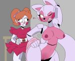  1girl 2_girls animatronic anthro areola big_breasts blush breasts canine circus_baby clothed clothing duo exposed female_only five_nights_at_freddy&#039;s five_nights_at_freddy&#039;s:_sister_location fox funtime_foxy_(fnafsl) green_eyes heart humanoid jailbait_knight machine mammal nipples nude one_eye_closed pussy robot saliva sister_location table video_games wink yellow_eyes 