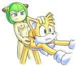  1boy 1girl anal blue_eyes breasts cosmo_the_seedrian fox green_hair medium_breasts miles_&quot;tails&quot;_prower naughty_face nervous nipples pain pegging penetration seedrian sega sonic_the_hedgehog_(series) sonic_x teeth white_gloves yellow_fur 