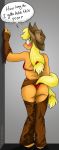 anthro anthrofied applejack applejack_(mlp) ass bikini biped blush butt chaps clothed clothing cowboy_hat dialogue earth_pony english_text equid equine female friendship_is_magic hair hasbro hat headgear headwear hi_res horse long_hair looking_back mammal my_little_pony panties pony ponytail pose rear_view simple_background skimpy solo standing susiebeeca swimwear text thong tight_clothing underwear