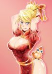  1girl :q arched_back arms_up big_breasts bird blonde_hair blush bracelet breasts bursting_breasts china_dress chinese_clothes cleavage cleavage_cutout dress earrings hair_bun hair_ornament heroes_of_the_storm highres jaina_proudmoore jewelry large_breasts menhou owl pelvic_curtain pepe_(wow) pink_background qipao side_slit smile tongue tongue_out warcraft world_of_warcraft 