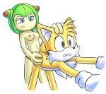  1boy 1girl anal blue_eyes breasts cosmo_the_seedrian doggy_position fox green_hair medium_breasts miles_&quot;tails&quot;_prower naughty_face nervous nipples pain pegging penetration seedrian sega sonic_the_hedgehog_(series) sonic_x tails teeth white_gloves yellow_fur 