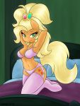 2015 alternate_hairstyle ambris anthro anthrofied apple_jewel_(mlp) applejack applejack_(mlp) arms_above_head bed bedroom biped blonde_hair bra breasts cleavage clothed clothing cutie_mark digital_media_(artwork) earth_pony equid equine eyebrows eyelashes female fluffy fluffy_tail freckles friendship_is_magic fur furniture garter_straps green_eyes hair hands_behind_back hasbro hi_res horse inside kneeling legwear lingerie long_hair looking_at_viewer mammal my_little_pony navel on_bed orange_body orange_fur panties pillow pony shaded skimpy smile solo tail thigh_highs underwear yellow_tail