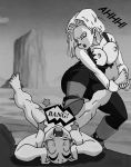  android_18 big_breasts dboy dragon_ball_z femdom krillin monochrome nude_male teeth toes torn_clothes violence 