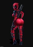  1girl ass belt big_breasts black_background bodysuit breasts curvaceous dat_ass deadpool full_body genderswap gun gun_holster high_heel_boots high_heels highres holster katana knife looking_at_viewer looking_back marvel mask ponytail shadman shoes shuriken skin_tight standing sword thighs tied_hair tight_clothes weapon wide_hips 