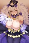  1girl 1girl 1girl alternative_bust_size big_breasts breasts breasts_out_of_clothes cslucaris dress fire_emblem fire_emblem:_fuukasetsugetsu fire_emblem_heroes fur_trim gloves hair_ornament hat high_resolution long_hair looking_at_viewer lysithea_von_ordelia naughty_face nintendo nipples open_mouth pink_eyes sitting watermark web_address white_gloves white_hair 