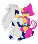  1girl 2016 anthro ass big_ass big_breasts breasts chameleon crossgender duo espio_the_chameleon fur furry hedgehog lizard looking_at_viewer mammal nude ravnic reptile scalie sega silver_the_hedgehog simple_background video_games 