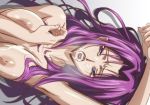  1girl 1girl after_fellatio areola armpits arms_up big_breasts blue_eyes breasts code_geass cornelia_li_britannia cum cum_in_mouth cum_on_breasts cum_on_upper_body facial high_res kyabakurabakufu long_hair looking_at_viewer lying nipples nude on_back open_mouth purple_hair raised_eyebrows sweat upper_body 