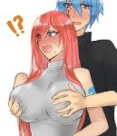 !? big_breasts blue_hair breast_grab canon_couple erza_scarlet fairy_tail grabbing_from_behind huge_breasts jellal_fernandes red_hair surprised