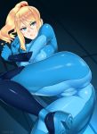 1girl ass big_breasts blonde_hair blue_clothing blue_eyes blush bodysuit breasts cameltoe from_above highres long_hair lying metroid mole on_side parted_lips ponytail pussy samus_aran skin_tight solo_female sweatdrop zero_suit zero_suit_samus zonda_(solid_air)