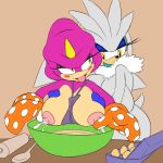  1girl 2016 anthro apron areola big_breasts breast_milking breasts chameleon clothed clothing cooking crossgender duo egg espio_the_chameleon food fur furry grope hand_on_breast hedgehog huge_breasts kitchen lactating lizard mammal milk nipples nude open_mouth ravnic reptile scalie sega silver_the_hedgehog spoon tongue video_games white_fur 