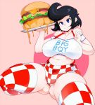 big_boy_(character) big_boy_(restaurant) burger gender_bender gender_swap genderswap hamburger hot mascot pink_background plump thick_thighs