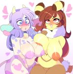  1girl antennae anthro arthropod ashiji bee bell big_breasts blue_eyes blush bovine breast_squish breasts brown_hair cattle chest_tuft cute duo female/female fur furry hair honey horn huge_breasts insect lactating long_hair mammal milk nipples nude purple_hair pussy red_eyes slightly_chubby spots tuft 