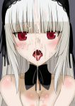  1girl 1girl bare_shoulders blush breast_squeeze breasts cum cum_in_mouth cum_on_hair detached_collar facial gothic high_res long_hair looking_at_viewer nude open_mouth red_eyes rozen_maiden simple_background suigintou tears teitetsu_kishidan tongue tongue_out upper_body white_hair 