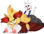 1girl anthro ass big_ass big_breasts blush breasts collar delphox furry heterochromia highres huge_breasts male male/female nintendo nude open_mouth overweight pokemon sex smile teddy_jack tongue tongue_out video_games whiskers white_background 