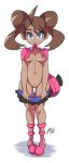  1girl ahoge areolae bigdead93 blonde_hair blue_eyes boots breasts brown_eyes brown_hair creatures_(company) cute dark_nipples dark_skin full_body game_freak humans_of_pokemon large_areolae lifted_by_self light-skinned_female long_hair looking_at_viewer mouth_hold navel nintendo nipples pokemon pokemon_(anime) pokemon_(game) pokemon_xy porkyman pubic_hair pussy quad_tails sana_(pokemon) serena_(pokemon) shirt_lift shorts_down shorts_pull signature smile solo stomach twin_tails uncensored white_background 