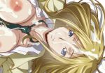  1girl 1girl after_fellatio areola bed big_breasts blonde_hair blue_eyes breasts code_geass collarbone cum cum_in_mouth cum_on_breasts cum_on_hair cum_on_upper_body facial high_res kyabakurabakufu looking_at_viewer lying milly_ashford neck_tie nipples no_bra on_back open_clothes parted_lips pillow school_uniform short_hair smile sweat upper_body 