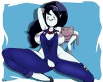  1girl adventure_time big_breasts black_hair blue_background breasts fuckable gray_impact grey_skin inviting long_hair looking_at_viewer marceline nipples overalls pale_skin pussy seductive undead vampire 