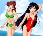  2girls :d alluring arm arm_behind_head arm_up arms art artist_request babe bare_arms bare_legs bare_shoulders bikini bishoujo_senshi_sailor_moon black_eyes black_hair breasts brown_hair cloud collarbone dutch_angle friends green_bikini green_eyes green_swimsuit hair hair_bobbles happy hino_rei kino_makoto legs leotard long_hair looking_at_another makoto_kino midriff multiple_girls neck one-piece_swimsuit ponytail red_swimsuit rei_hino side-tie_bikini sky standing swimsuit very_long_hair 