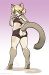  1girl 1girl 2016 anthro ass blonde_hair cat clothed clothing feline furry gradient_background hair kittydee looking_back mammal rear_view simple_background standing torn_clothing 