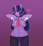  1girl 2016 anthro anthrofied areola belly breasts clothed clothing equine friendship_is_magic furry hair heart horn long_hair looking_at_viewer mammal midriff multicolored_hair my_little_pony navel neck_tie nipples pants shirt shirt_lift somescrub standing twilight_sparkle unicorn wide_hips 