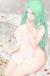  1girl bare_shoulders bath collarbone fire_emblem fire_emblem:_three_houses from_above green_eyes green_hair huge_breasts long_hair looking_at_viewer mature_female mogtate naked_towel nintendo nipples open_mouth open_smile petals rhea_(fire_emblem) see-through smile solo_female towel voluptuous wide_hips 