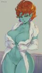  1girl 1girl blue_skin breasts curvy dragon_ball_z earrings erect_nipples fully_nude_woman fur_coat grin looking_at_viewer navel nipples nude open_mouth orange_hair princess_snake pussy shexyo solo_female thighs white_coat 