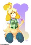 1girl 2016 animal_crossing animal_crossing_new_leaf anthro black_eyes black_nose blonde_hair bottomless canid canine canine_humanoid clothed clothing doubutsu_no_mori food fur furry hair hair_ornament hair_tie isabelle_(animal_crossing) jingle_bell legwear long_ears mammal mrbowater navel nintendo ponytail secretary shih_tzu shizue_(doubutsu_no_mori) short_hair signature sitting smile thick_ass thick_legs thick_thighs tongue uniform video_games white_fur yellow_fur