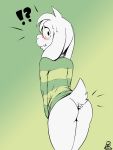 !? 1boy 2015 2d 2d_(artwork) anthro anthro_only asriel_dreemurr ass blush boss_monster bottomless bottomless_anthro bottomless_male byondrage caprine clothed clothing colored cute digital_media_(artwork) edit embarrassed furry girly goat gradient_background green_background high_res horn male male_only mammal monster smile surprise surprised undertale undertale_(series) video_games