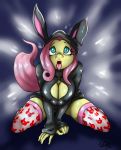  1girl 2016 anthro anthrofied breasts cleavage clothed clothing equine fluttershy fluttershy_(mlp) friendship_is_magic furry hair high_res horse legwear long_hair mammal my_little_pony open_mouth pink_hair pony tongue tongue_out vd-dv 
