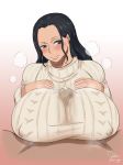  1girl areola black_hair blush breast_suppress breasts brown_eyes cum cum_on_clothes curvaceous erect_nipples high_resolution huge_breasts light-skinned long_hair looking_at_viewer mikanberry nico_robin nipples one_piece paizuri paizuri_over_clothes penis semen smile 