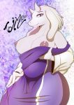 1girl 2d 2d_(artwork) alternate_version_available anthro big_breasts boss_monster breast_grab breasts caprine clothed clothing digital_media_(artwork) dress edit english_text fur furry goat hair hand_on_breast high_res horn huge_breasts looking_at_viewer mammal navel nipples presenting presenting_breasts purple_eyes signature slightly_chubby slit_pupils smile tailzkim text toriel undertale undertale_(series) video_games voluptuous white_fur white_hair