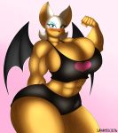  1girl 2016 anthro bat big_breasts blush breasts cleavage clothed clothing furry gradient_background high_res huge_breasts mammal muscular muscular_female pink_background rouge_the_bat sega smile supersonicrulaa 