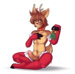  1girl anthro antlers bell brown_eyes brown_hair cervine christmas clothing collar elbow_gloves erection furry gloves hair holidays horn legwear magicalzombie male male_only mammal mistletoe nude original original_character penis plant pose reindeer smile stockings 