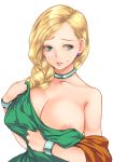  1girl areola areola_slip areolae bianca_(dragon_quest) bianca_whitaker big_breasts blonde blonde_hair blue_eyes bracelet braid braided_hair breasts choker clavicle cleavage collarbone dragon_quest dragon_quest_v dress earrings eyebrows green_dress green_eyes hair_over_shoulder huge_breasts jewelry lagarto large_breasts lips long_hair milf parted_lips simple_background single_braid solo square_enix sweatdrop tied_hair upper_body white_background 