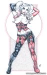 1girl arms_up batman_(series) blue_eyes breasts choker corset dc_comics elbow_gloves female_only garrett_blair hands_behind_head harley_quinn heels looking_at_viewer multicolored_hair nipples partially_colored solo_female tattoo thigh_boots thigh_high_boots twin_tails