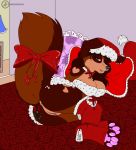  1girl anthro anus bed big_breasts breasts christmas clothing furry gift high_res holidays legwear mistletoe pawpads plant pussy raised_tail singingbirdstudio stockings tail 