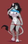  1girl 1girl anthro big_breasts black_hair black_nipples black_nose blue_eyes blue_highlights breasts clothed clothing clothing_lift feline fur furry green_eyes grey_fur hair heterochromia high_res lactating lion looking_at_viewer mammal milk navel niobe_(character) nipples panties partially_clothed pussy raised_shirt red_background shirt simple_background stoopix underwear undressing white_belly 