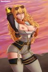  1girl 1girl 1girl blonde breasts breasts_out_of_clothes clothing female_only female_solo high_resolution huge_breasts long_hair looking_at_viewer nipples one_arm_behind_head one_arm_up oppaiserothicc rwby sunglasses sunglasses_on_head yang_xiao_long 