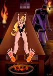  blonde_hair breasts clothed crown dragon&#039;s_lair duo earings exposed_breasts female fire forced indoors long_hair lying mcbain nipples princess_daphne spread_legs standing tears toes torture 
