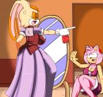  1girl 2016 absurd_res amy_rose angry anthro big_breasts blush breasts cleavage clothed clothing dreamcastzx1 duo furry hedgehog high_res inside lagomorph mammal navel rabbit sega skirt smile sweat sweatdrop vanilla_the_rabbit video_games 