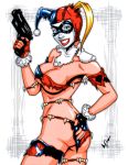 1girl batman_(series) dc_comics domino_mask face_paint female_only garrett_blair hand_on_ass harley_quinn jester_cap looking_back savage_land signature solo_female