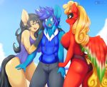  1girl 2016 anthro breasts clothing equine fan_character furry group horn horse male mammal mleonheart my_little_pony nervous one-piece_swimsuit pegasus pony sweat swimsuit unicorn wings 