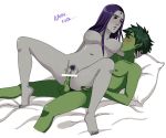  ass beast_boy biting blush breasts horny moans nipples nude pussy raven_(dc) riding sex sweating teen_titans white_background 