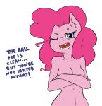  1girl 1girl 2016 anthro anthrofied areola atane27 blue_eyes breasts crossed_arms dialogue earth_pony english_text equine friendship_is_magic furry hair horse long_hair looking_at_viewer mammal my_little_pony nude open_mouth pink_hair pinkie_pie_(mlp) pony simple_background text 
