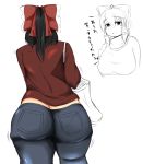 1girl ass ass_shake bag big_ass big_breasts black_hair blush bow breasts bubble_butt butt_crack casual contemporary cookie_(touhou) denim fat female_focus female_only hair_bow hakurei_reimu highres huge_ass jeans large_bow long_hair nengorogoro pants plump ponytail red_shirt shirt shoulder_bag simple_background solo sweat thick_thighs thighs touhou white_background wide_hips