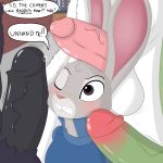  1girl anthro big_dom_small_sub black_fur blush dialogue disney english_text forced fur furry grey_fur highres imminent_rape judy_hopps lagomorph larger_male long_ears male male/female mammal movie oral penis precum purple_eyes rabbit sex size_difference smaller_female starit testicles text vein zootopia 