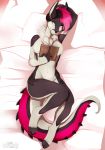  1girl 1girl 2016 anthro bed book breasts chest_tuft covering fur furry grey_fur hair looking_at_viewer lycangel lying nude on_back pink_hair tuft unknown_species yellow_eyes 